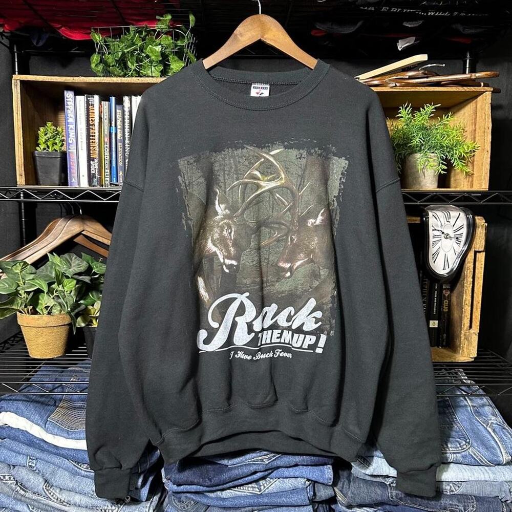 Vintage Y2K Deer Hunting Nature Print Crewneck Black Wildlife Sweatshirt Mens XL